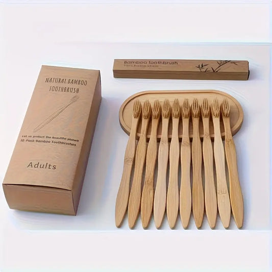 Set de 10 perii de dinți din bambus cu peri din cărbune și fibră de bambus